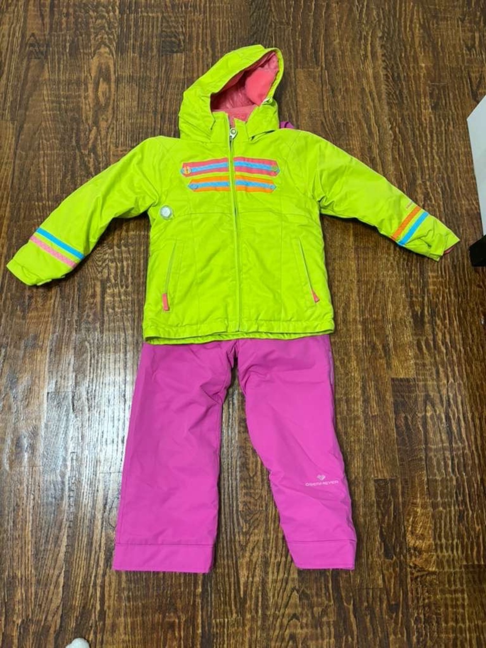 Obermeyer set for girls lime Green with Pink Blue Accents,  Pink snow bib size 6